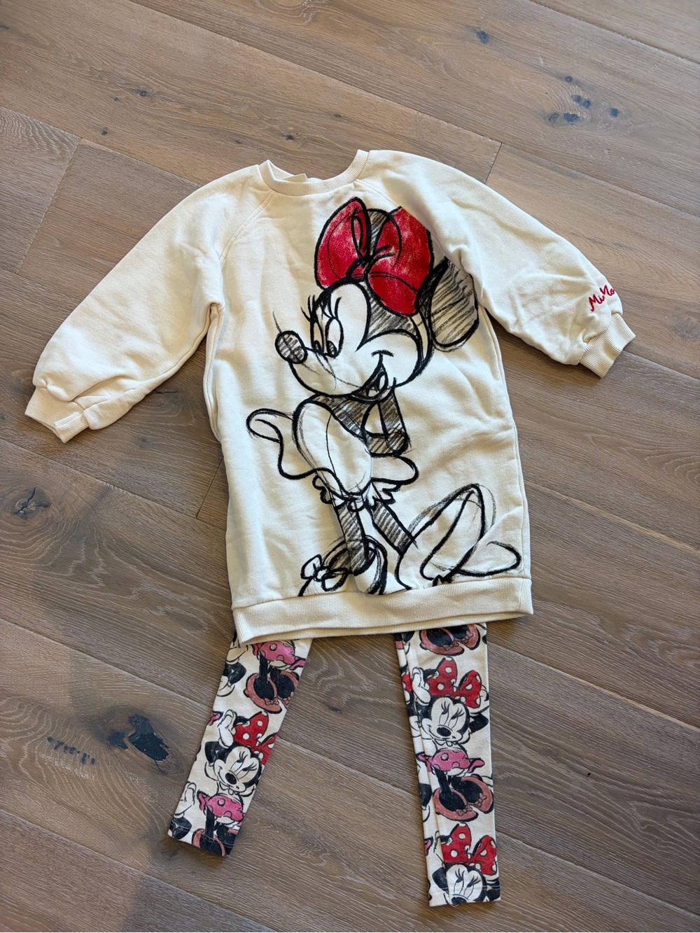 Zara Cream Sweatshirt Dress & Minnie Mouse Print Leggings with Red Bow Accents